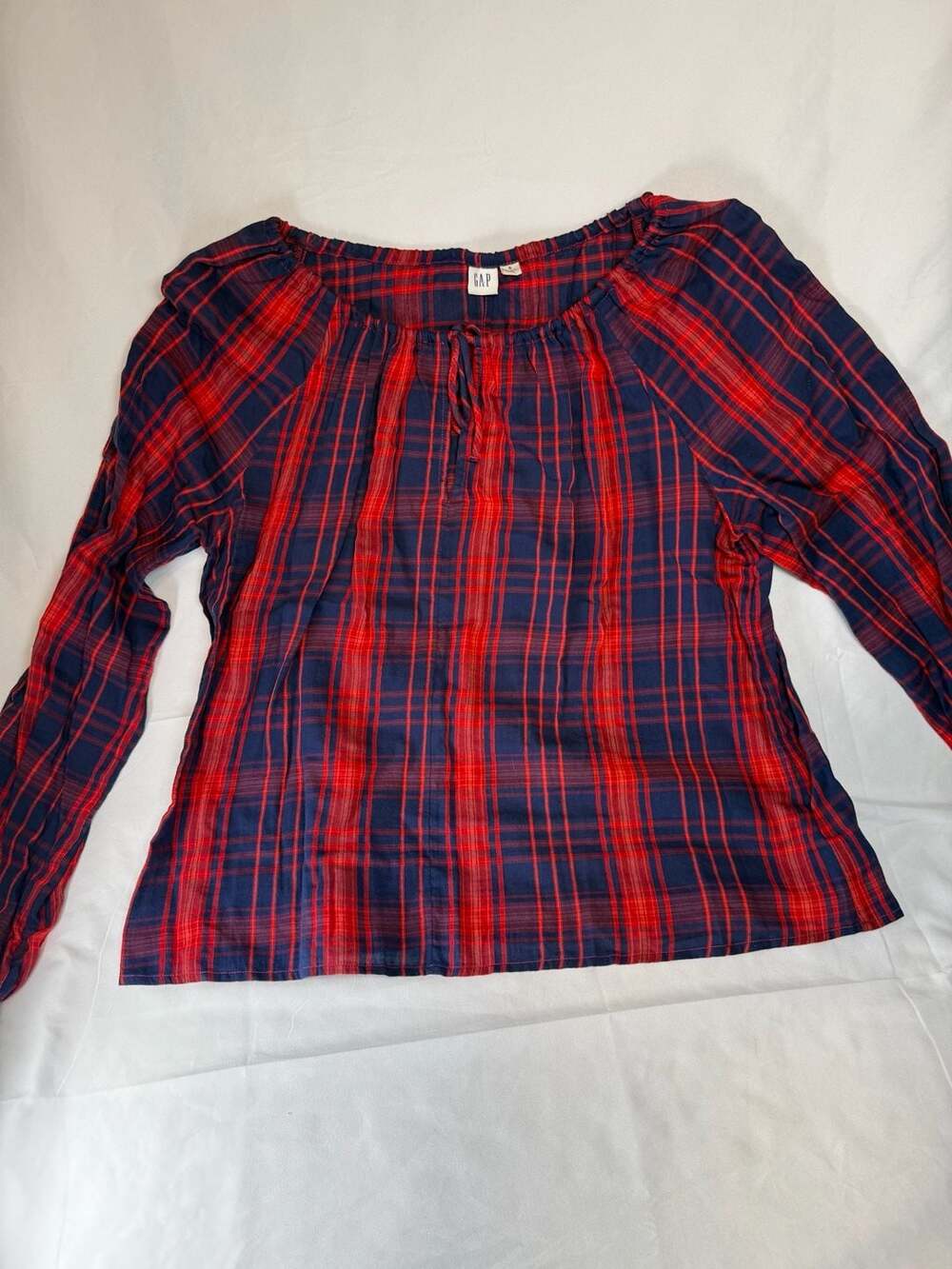 Gap Women's Red and Navy Plaid Long Sleeve Tie-Neck Peasant Blouse Size Small Pr